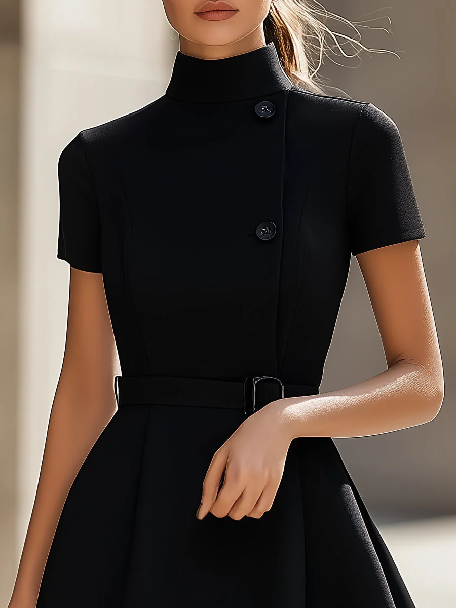 Elegant Black High-Neck Dress with Belted Waist - Image 2