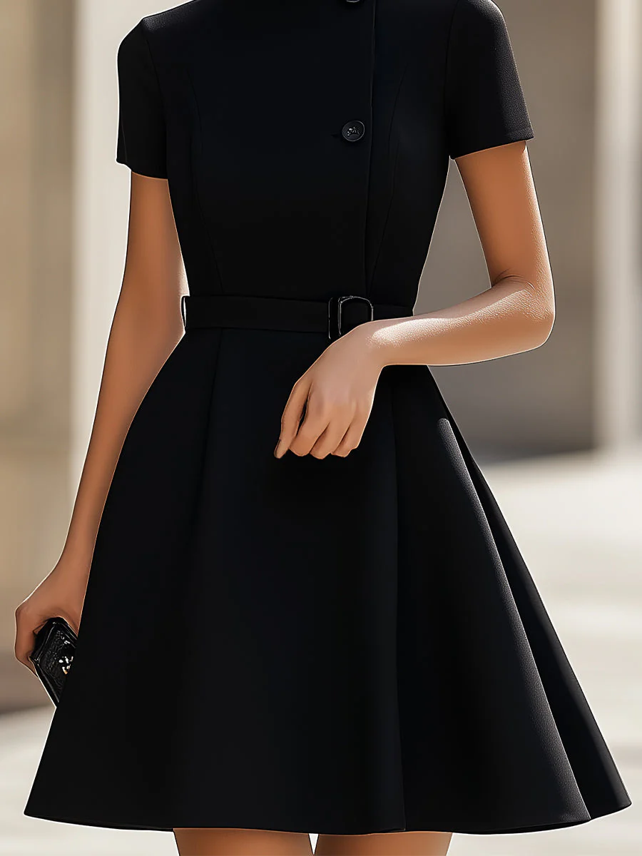 Elegant Black High-Neck Dress with Belted Waist - Image 3