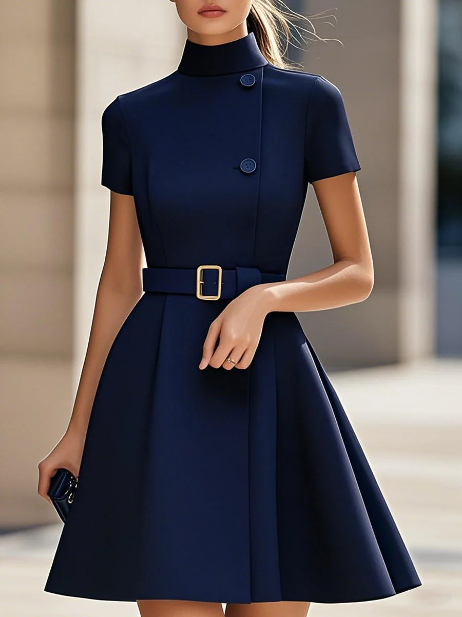 Elegant Black High-Neck Dress with Belted Waist - Image 5