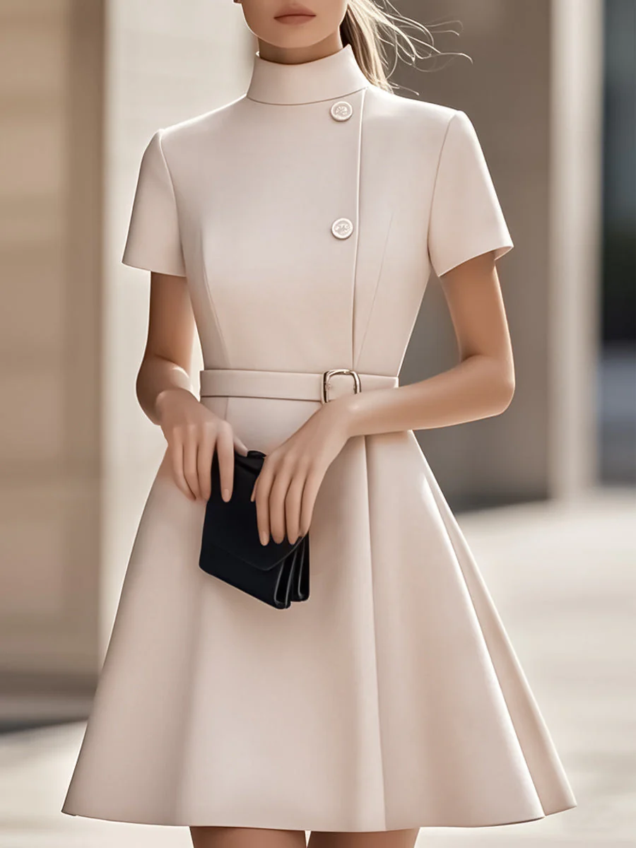 Elegant Black High-Neck Dress with Belted Waist - Image 6