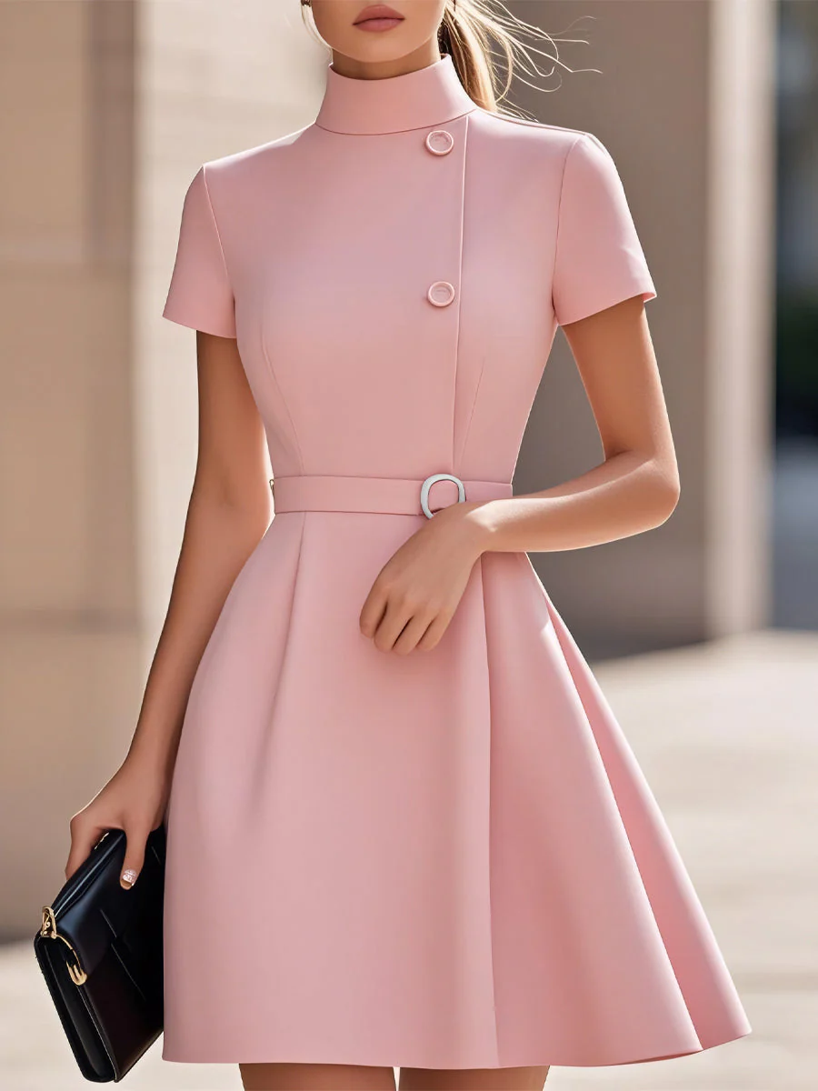 Elegant Black High-Neck Dress with Belted Waist - Image 7