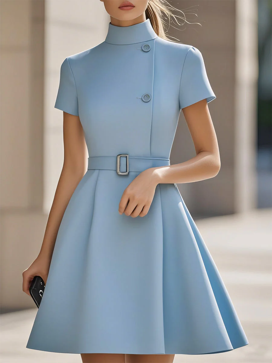 Elegant Black High-Neck Dress with Belted Waist - Image 8