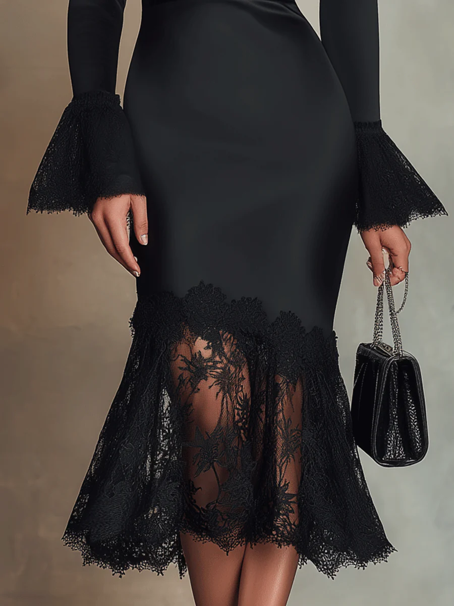 Elegant Black Lace-Panel Flare-Sleeve Midi Dress - Image 4