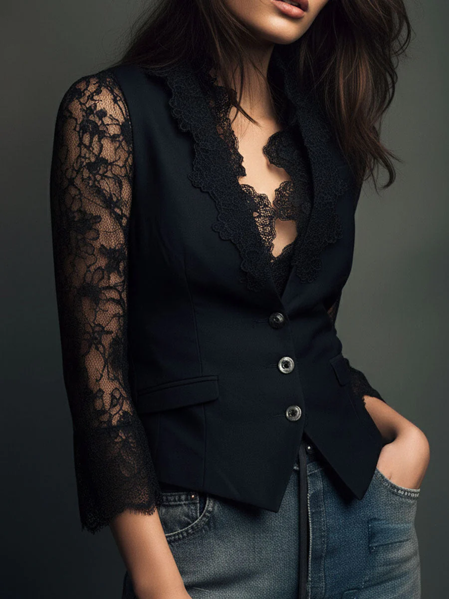 Elegant Black Lace Panel Sleeve Blazer Top Vest - Image 3