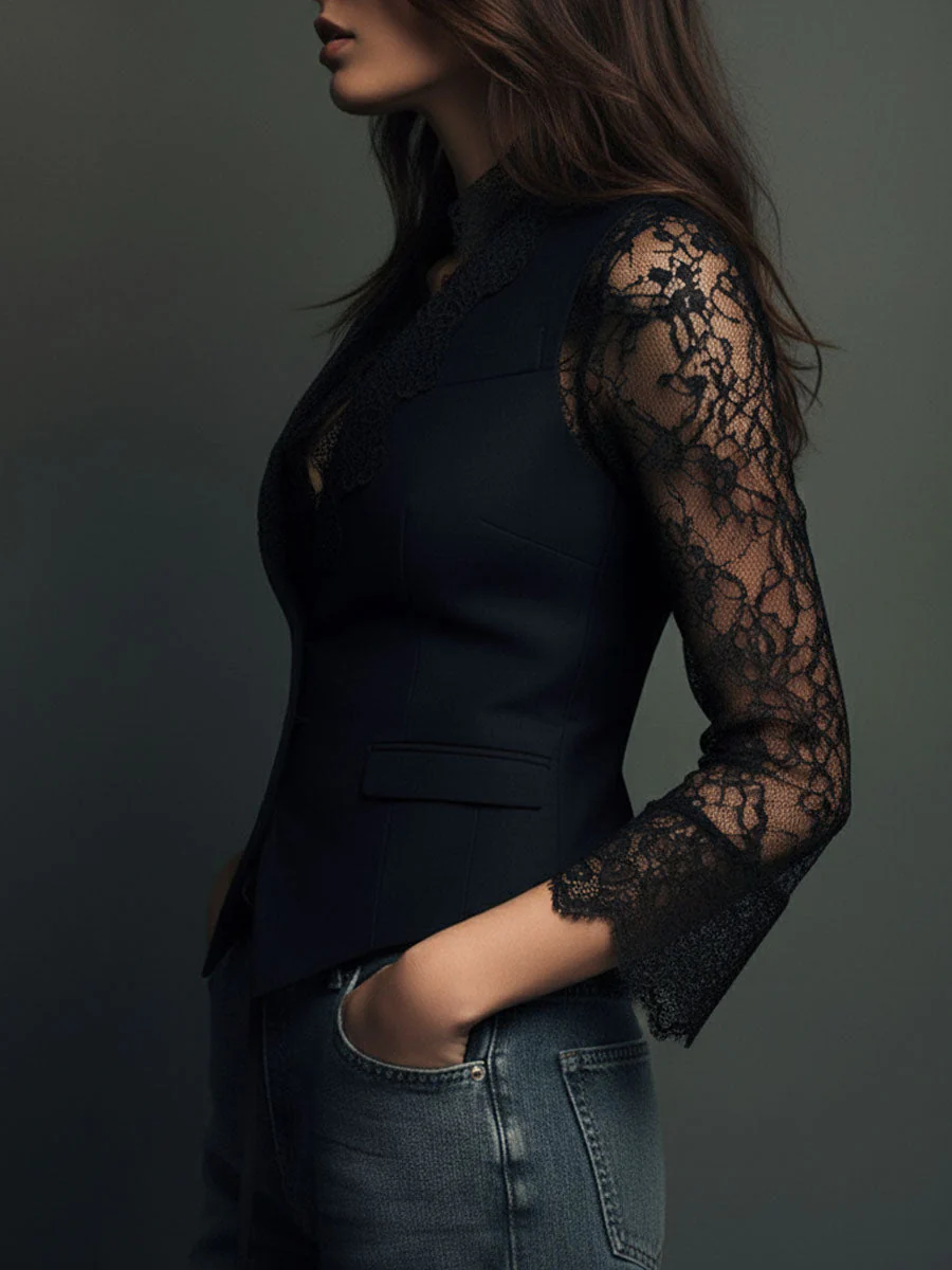 Elegant Black Lace Panel Sleeve Blazer Top Vest - Image 5