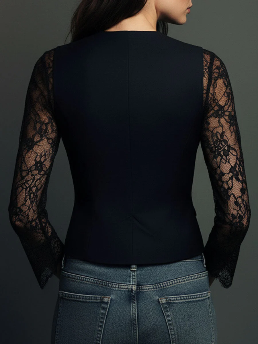 Elegant Black Lace Panel Sleeve Blazer Top Vest - Image 6