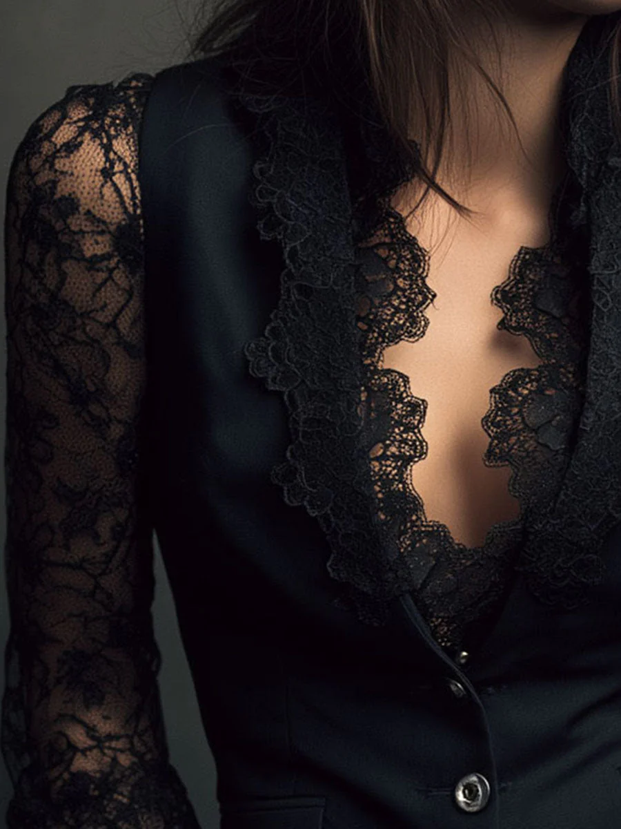 Elegant Black Lace Panel Sleeve Blazer Top Vest - Image 7