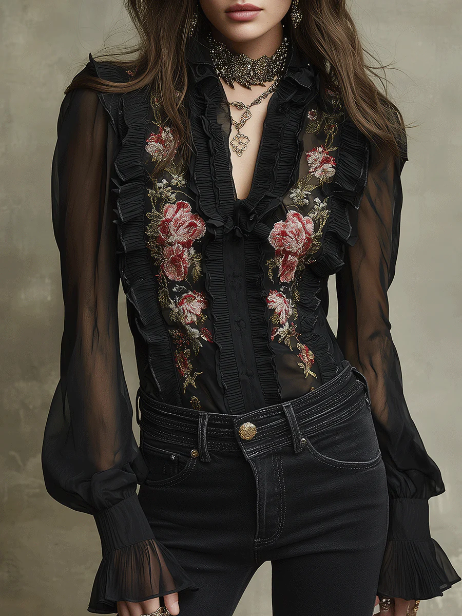Elegant Black Lace Sleeve Bohemian Embroidery Rose Blouse