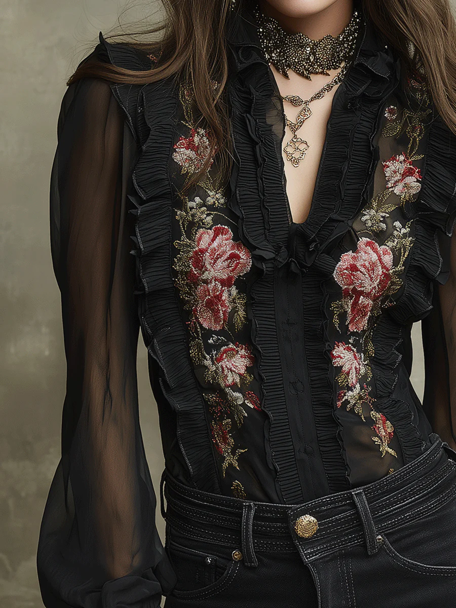 Elegant Black Lace Sleeve Bohemian Embroidery Rose Blouse - Image 2