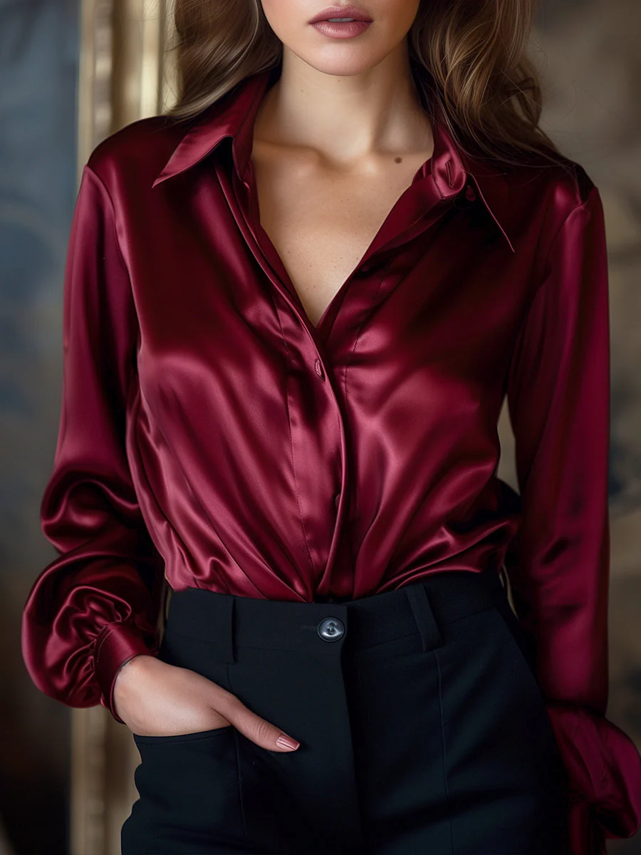 Elegant Black Satin Long Sleeves Blouse - Image 3