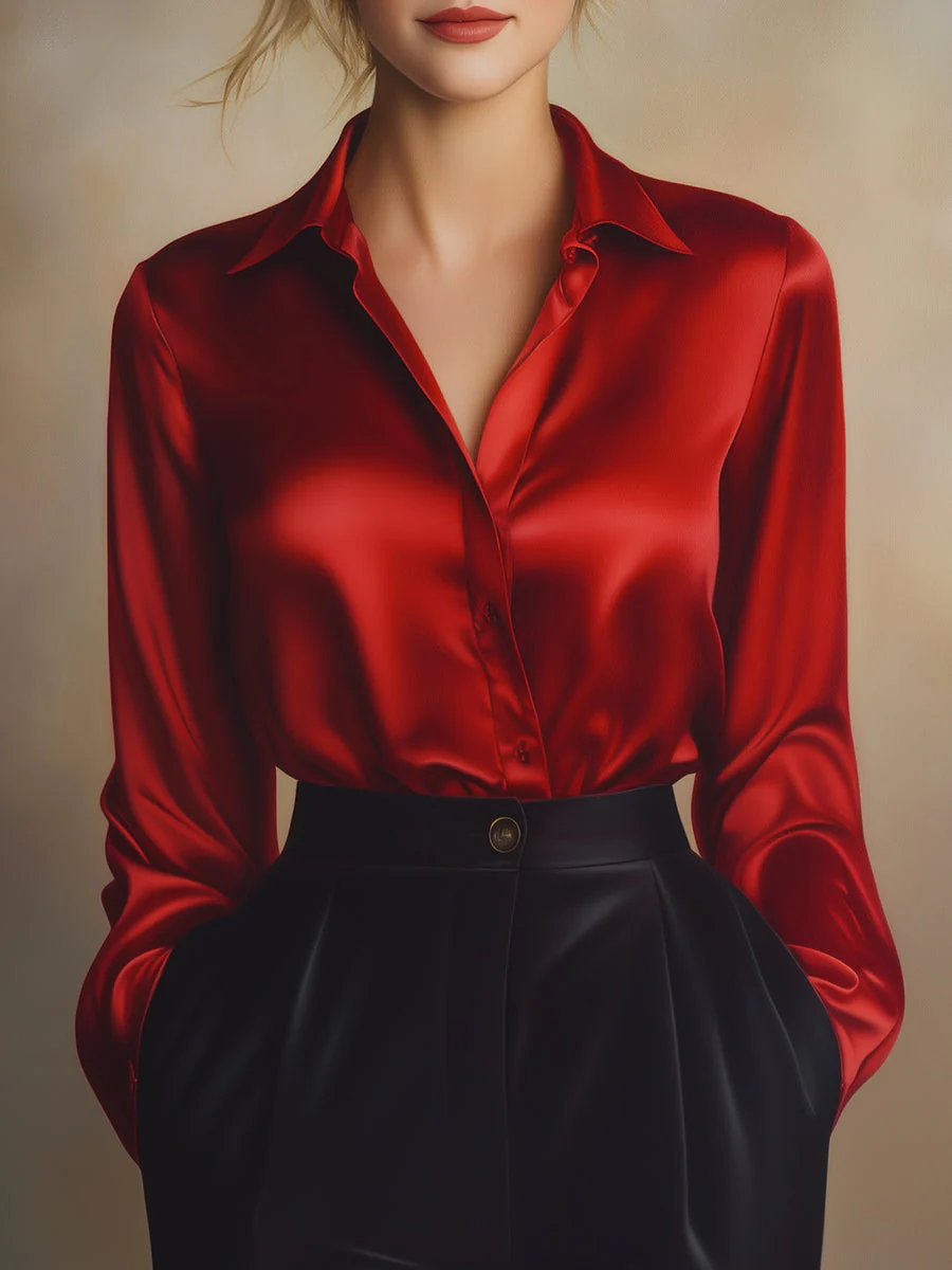 Elegant Black Satin Long Sleeves Blouse - Image 7