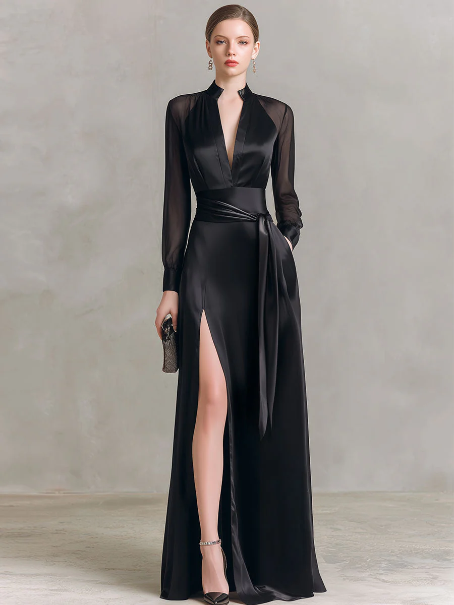 Elegant Black Satin Sheer-Sleeve High-Slit Evening Gown - Image 2