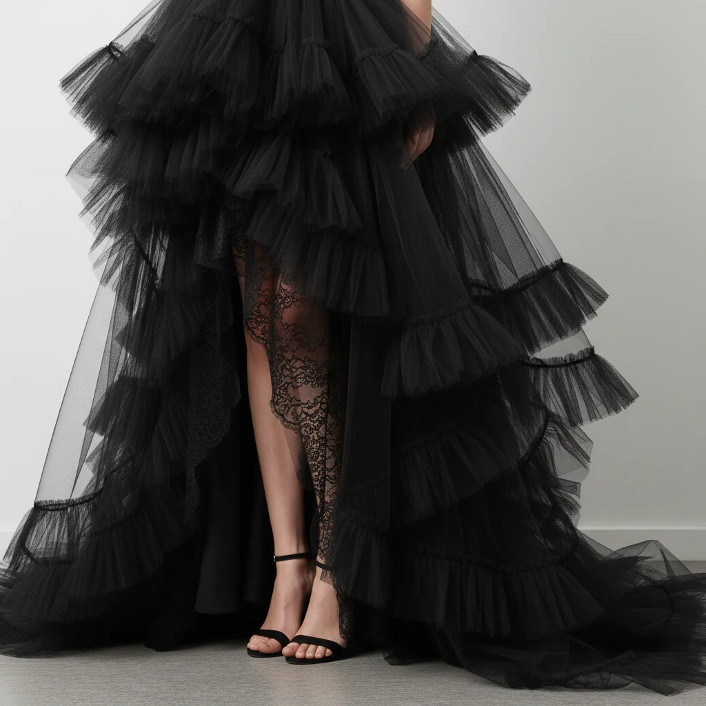Elegant Black Tiered Ruffle High-Low Gown - Image 4