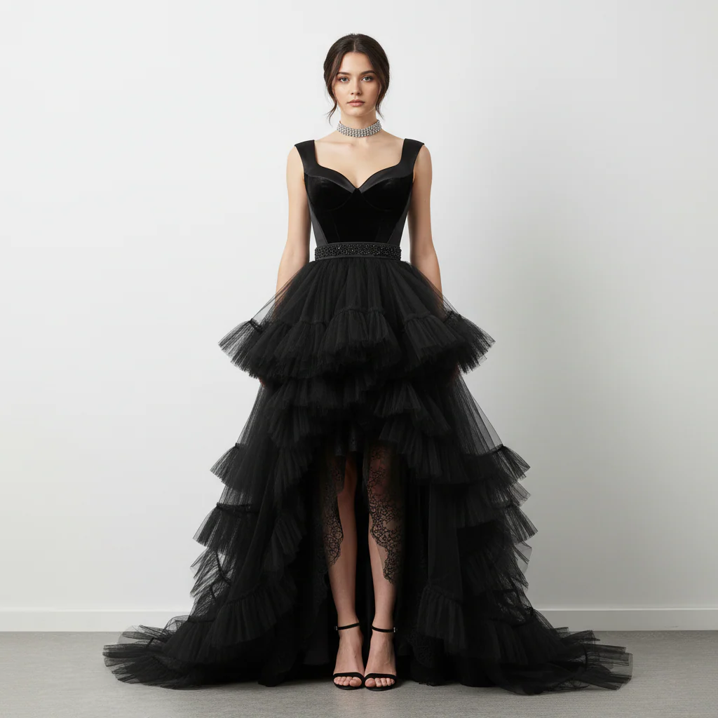 Elegant Black Tiered Ruffle High-Low Gown - Image 5