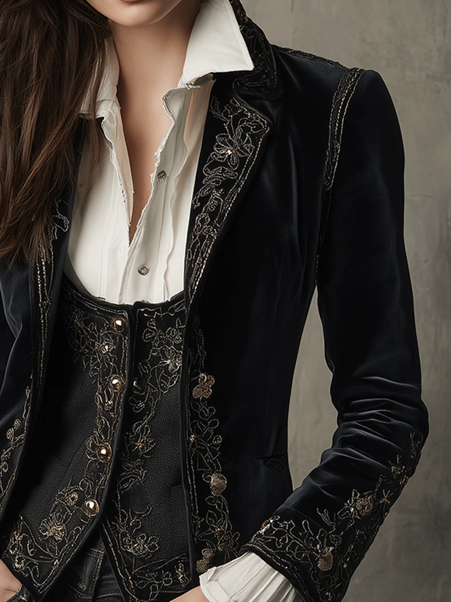 Elegant Black Velvet Embroidered Blazer - Image 2