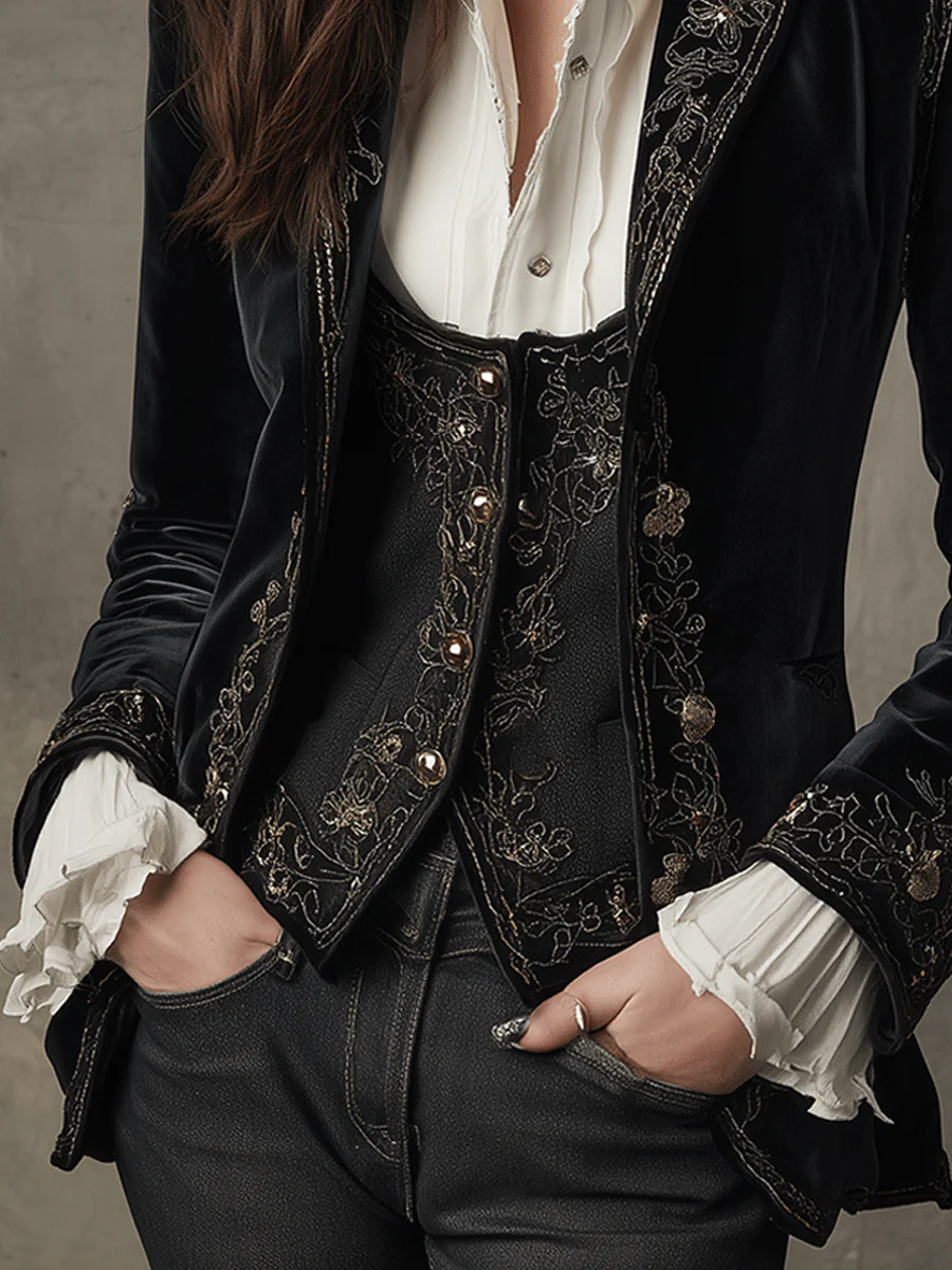 Elegant Black Velvet Embroidered Blazer - Image 3
