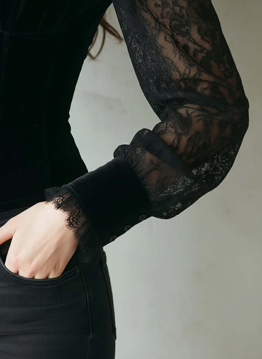 Elegant Black Velvet & Lace Victorian Blouse - Image 3