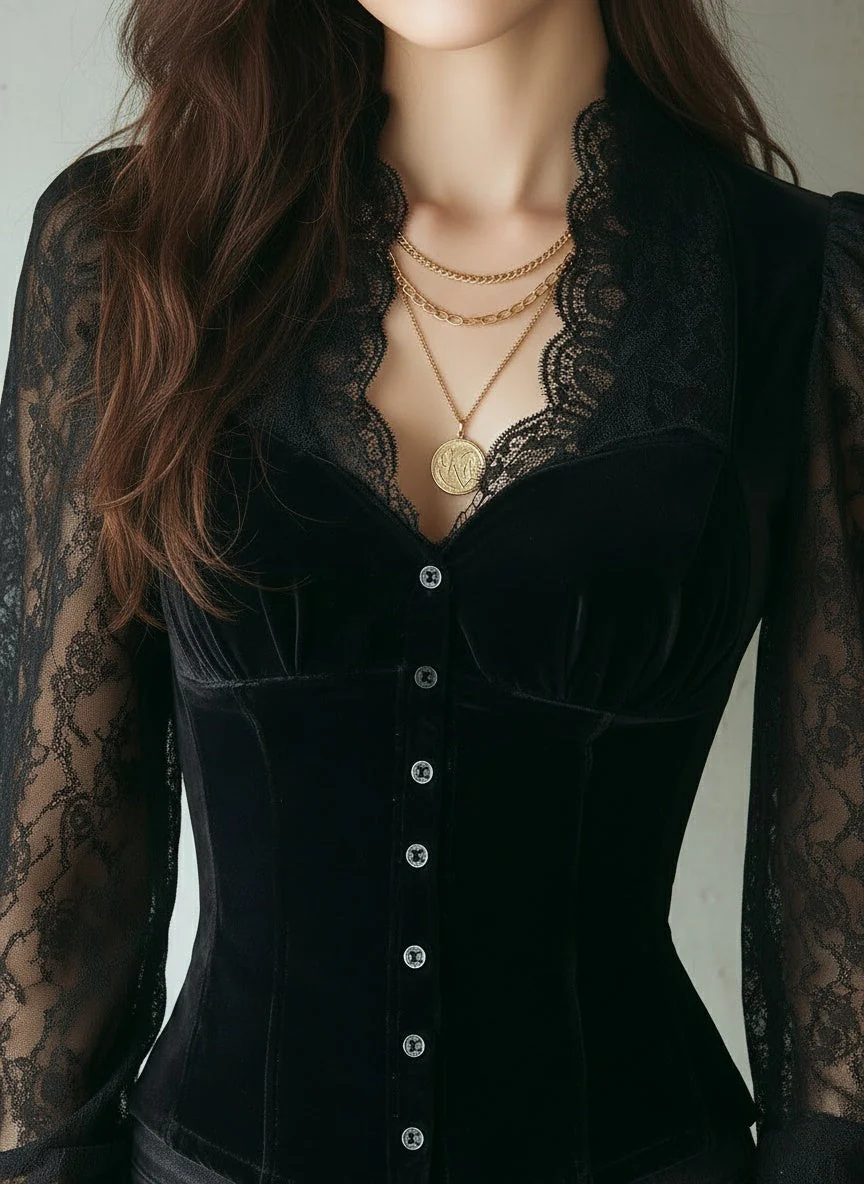 Elegant Black Velvet & Lace Victorian Blouse - Image 4