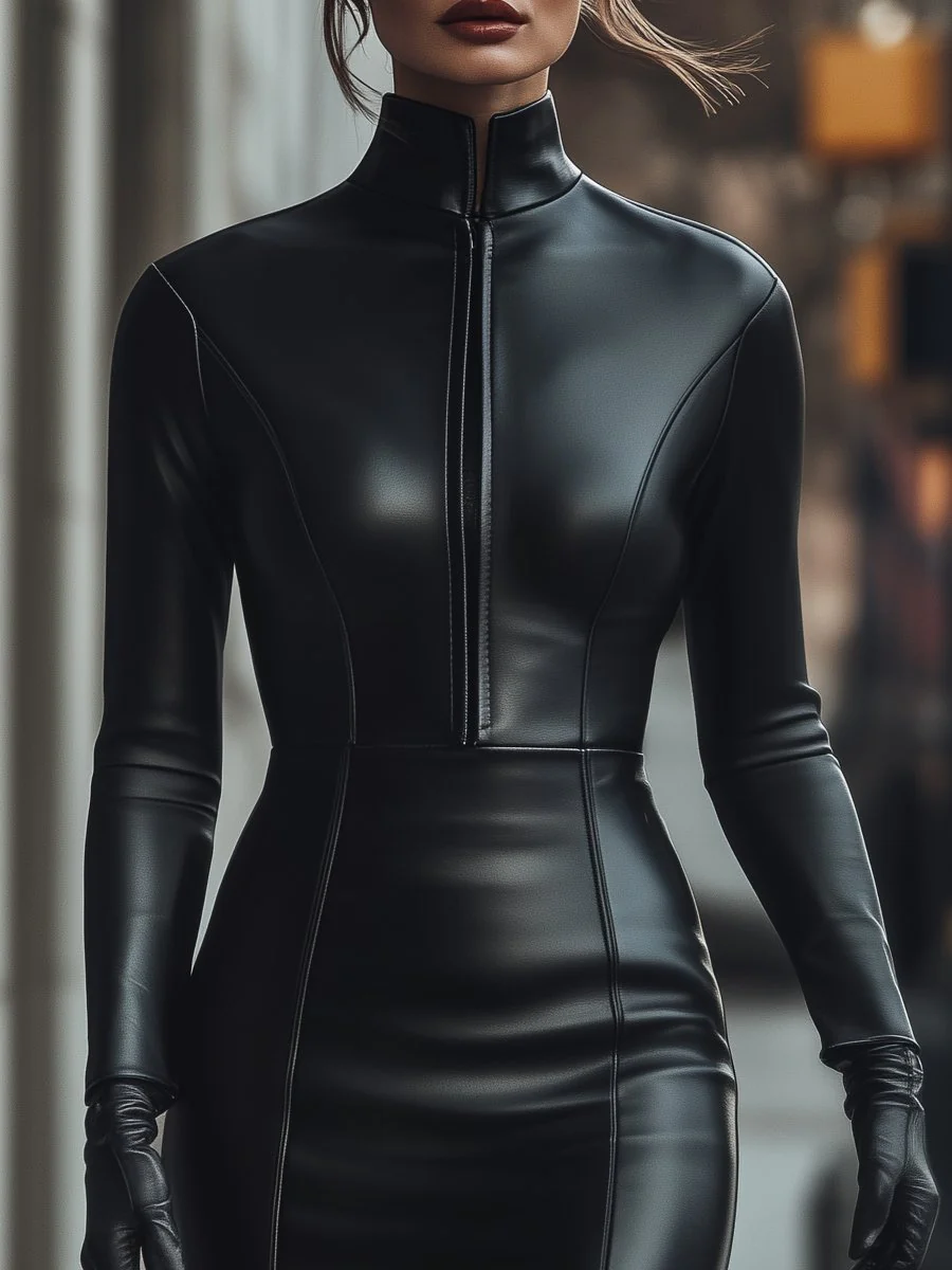 Elegant Black Zip-Up Faux Leather Dress - Image 2
