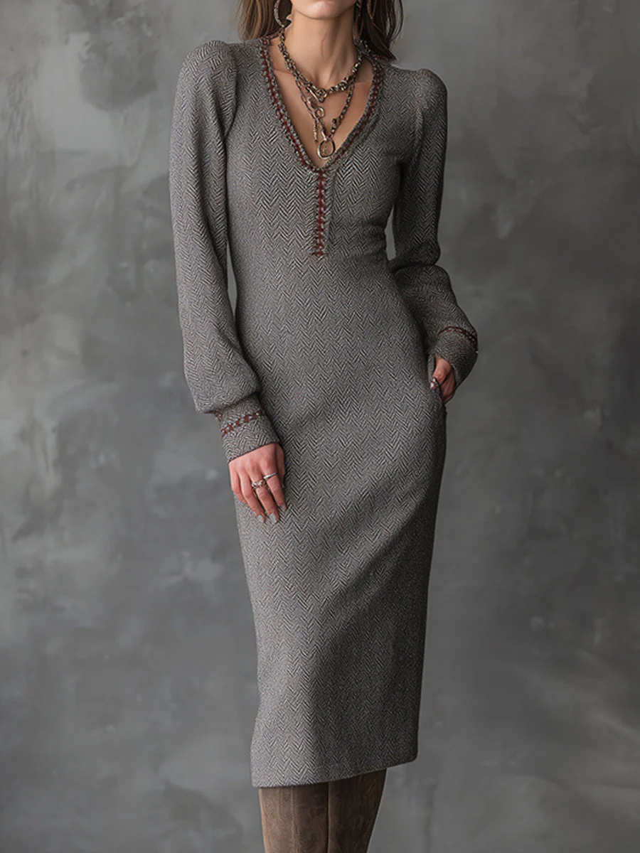 Elegant Bohemian Ash Taupe Sculpted Herringbone Knit Midi Dress - Image 2