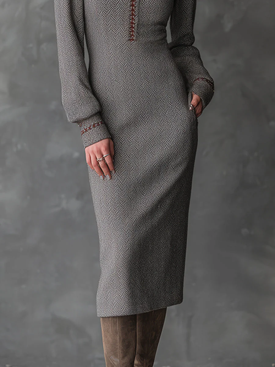 Elegant Bohemian Ash Taupe Sculpted Herringbone Knit Midi Dress - Image 3