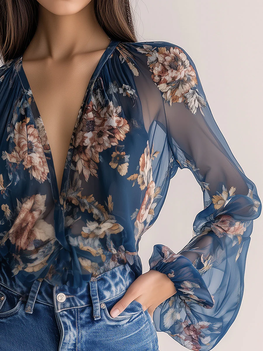 Elegant Bohemian Navy Floral Shirt - Image 2