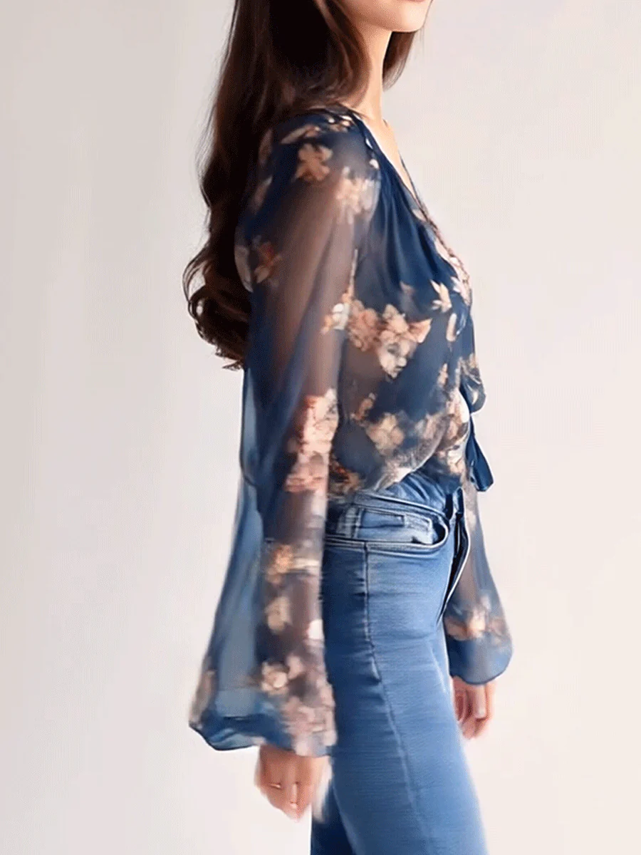 Elegant Bohemian Navy Floral Shirt - Image 5