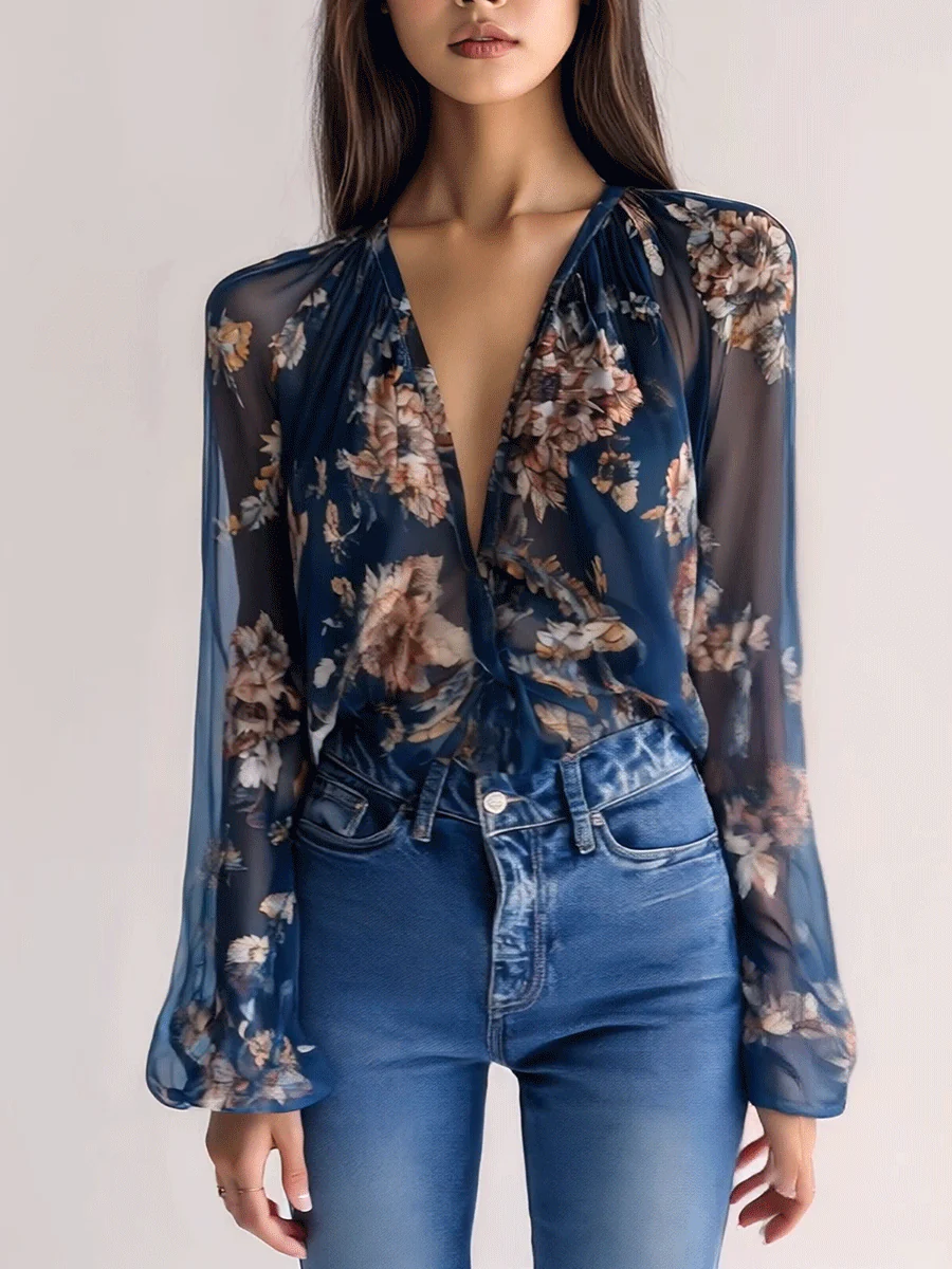 Elegant Bohemian Navy Floral Shirt - Image 8