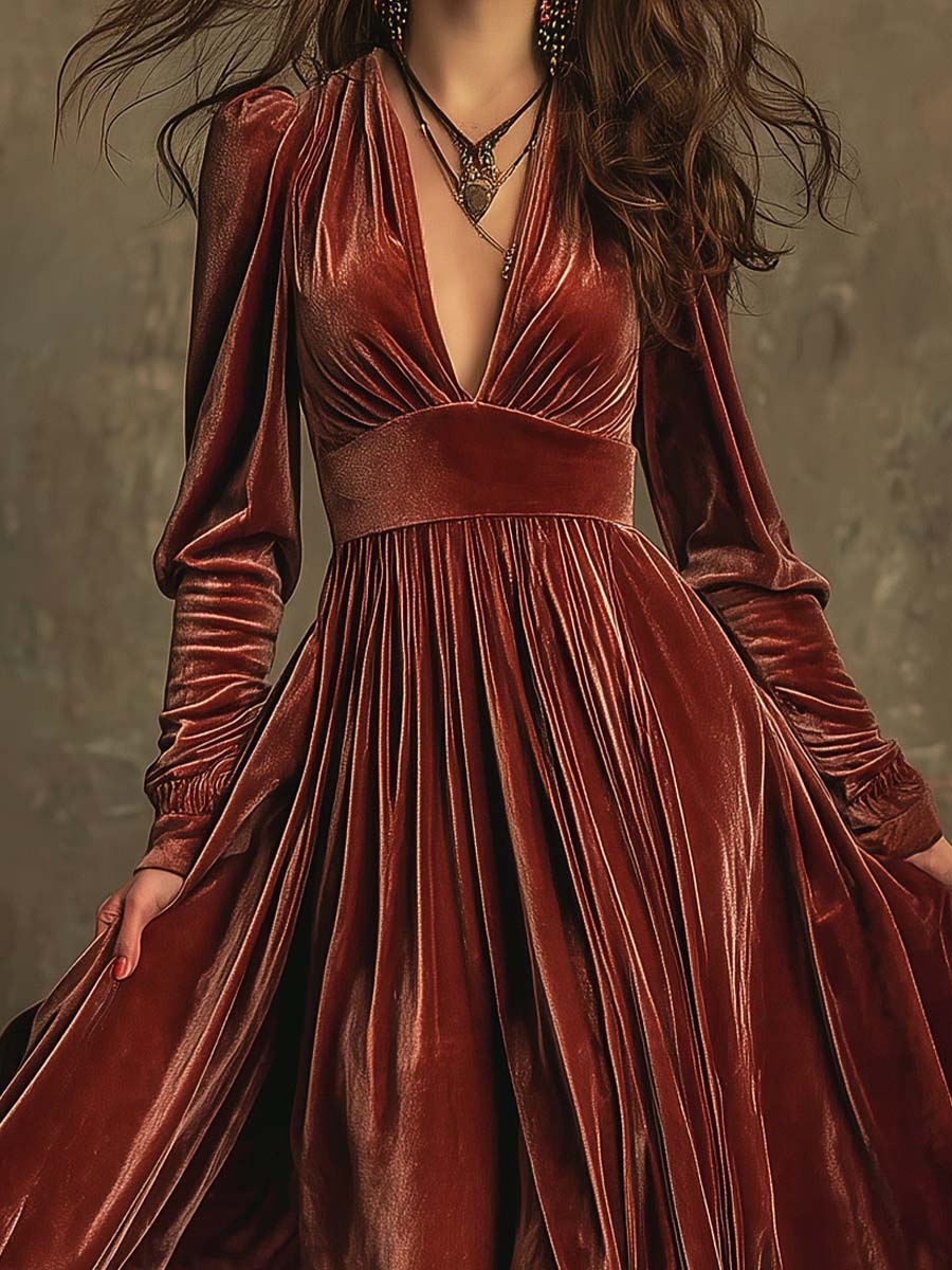 Elegant Bohemian Velvet Maxi With Draped Silhouette - Image 3
