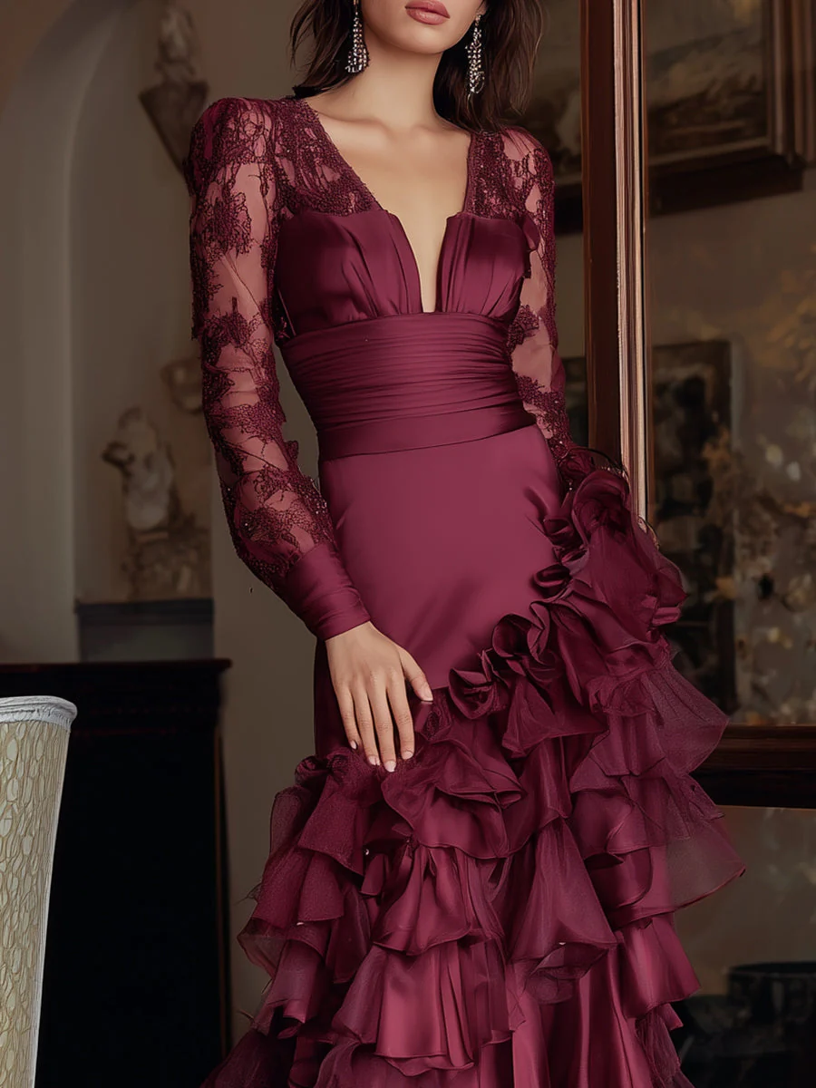 Elegant Burgundy Ruffled Evening Gown - Image 2