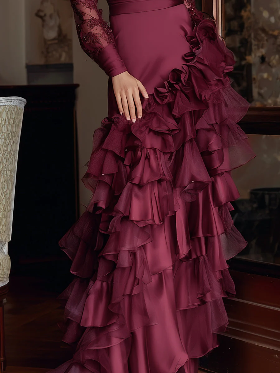 Elegant Burgundy Ruffled Evening Gown - Image 3