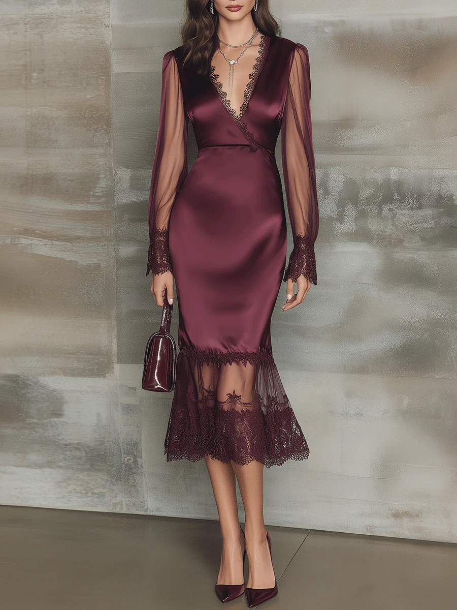 Elegant Burgundy V-Neck Lace Sleeve Cocktail Midi Dress