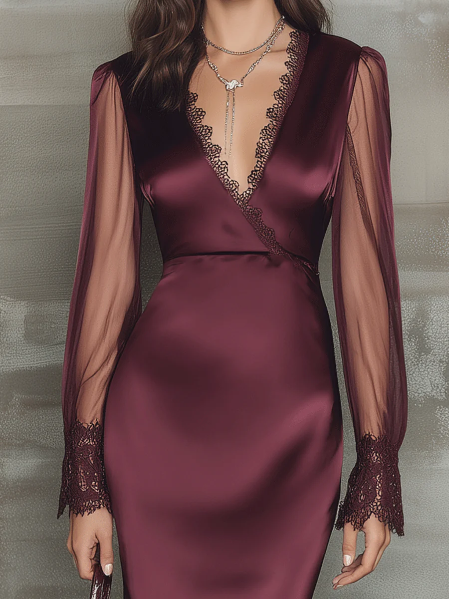 Elegant Burgundy V-Neck Lace Sleeve Cocktail Midi Dress - Image 2