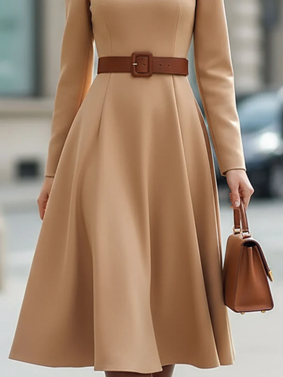 Elegant Camel Turtleneck Belted Midi Dress, - Image 4