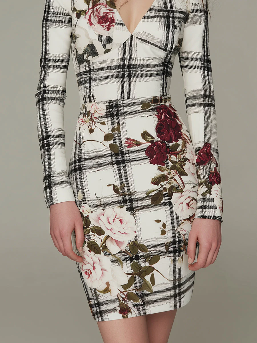 Elegant Checkered Rose Print Slim-fit Mini Dress - Image 3