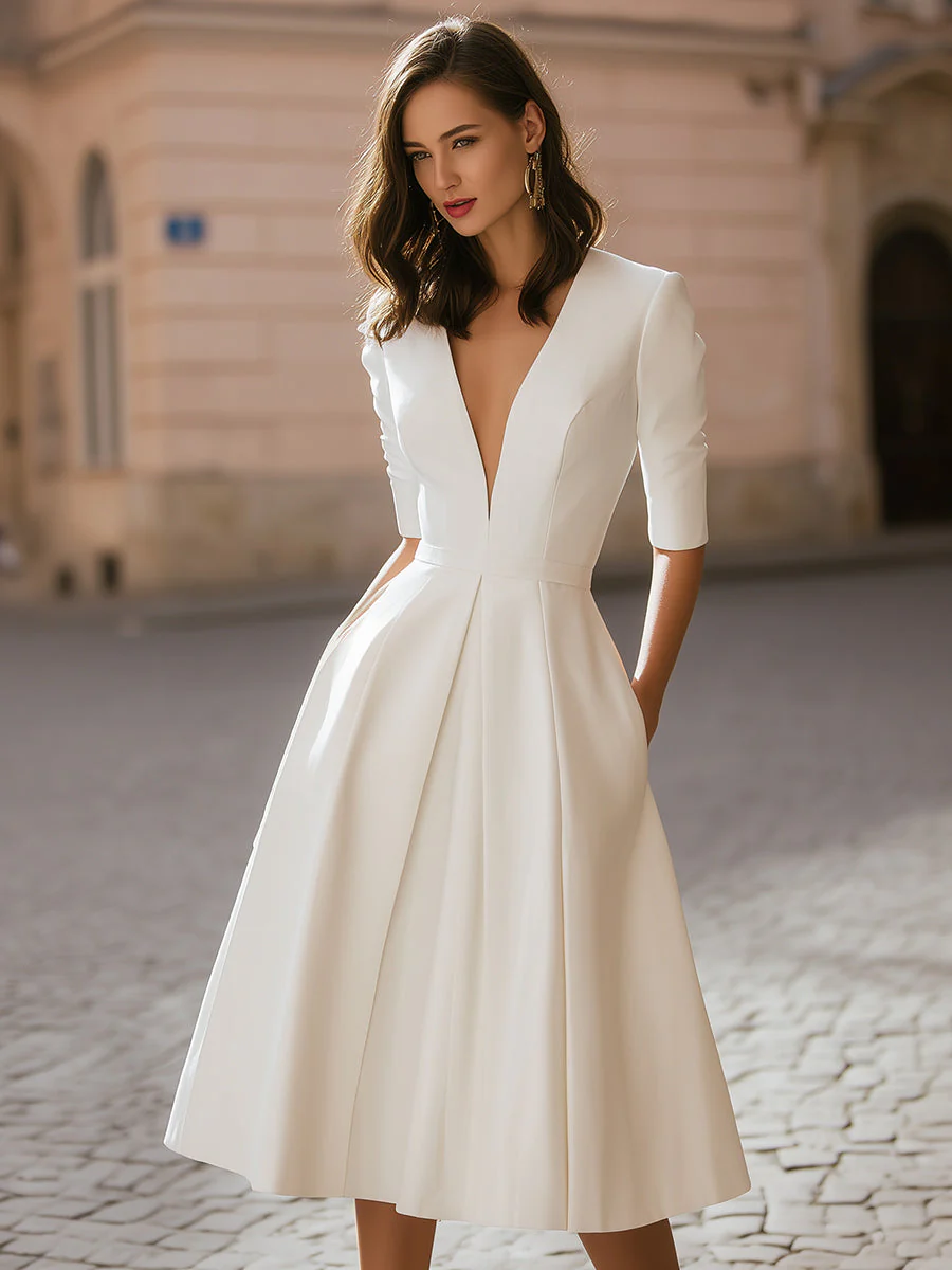 Elegant Deep V-Neck Pleated A-Line Midi Dress - Image 2
