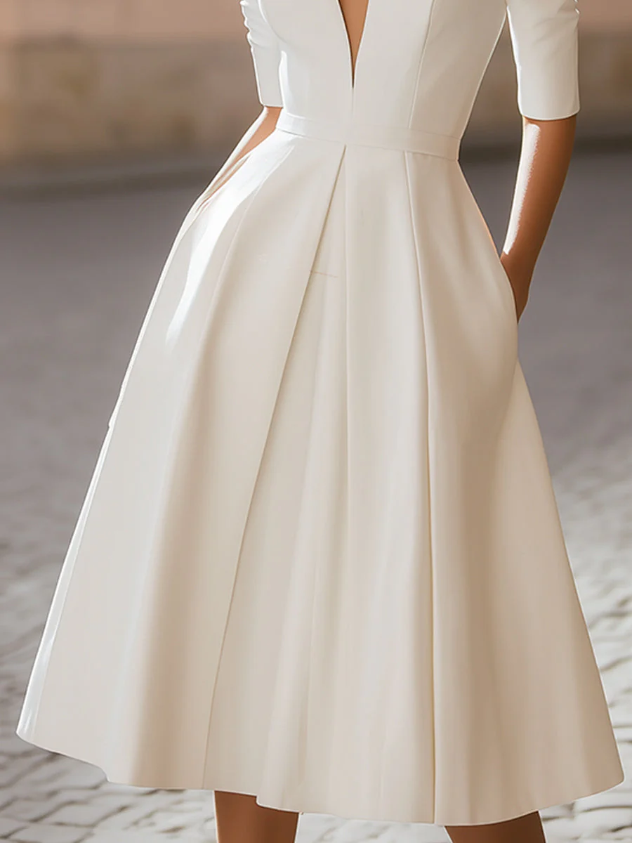 Elegant Deep V-Neck Pleated A-Line Midi Dress - Image 4