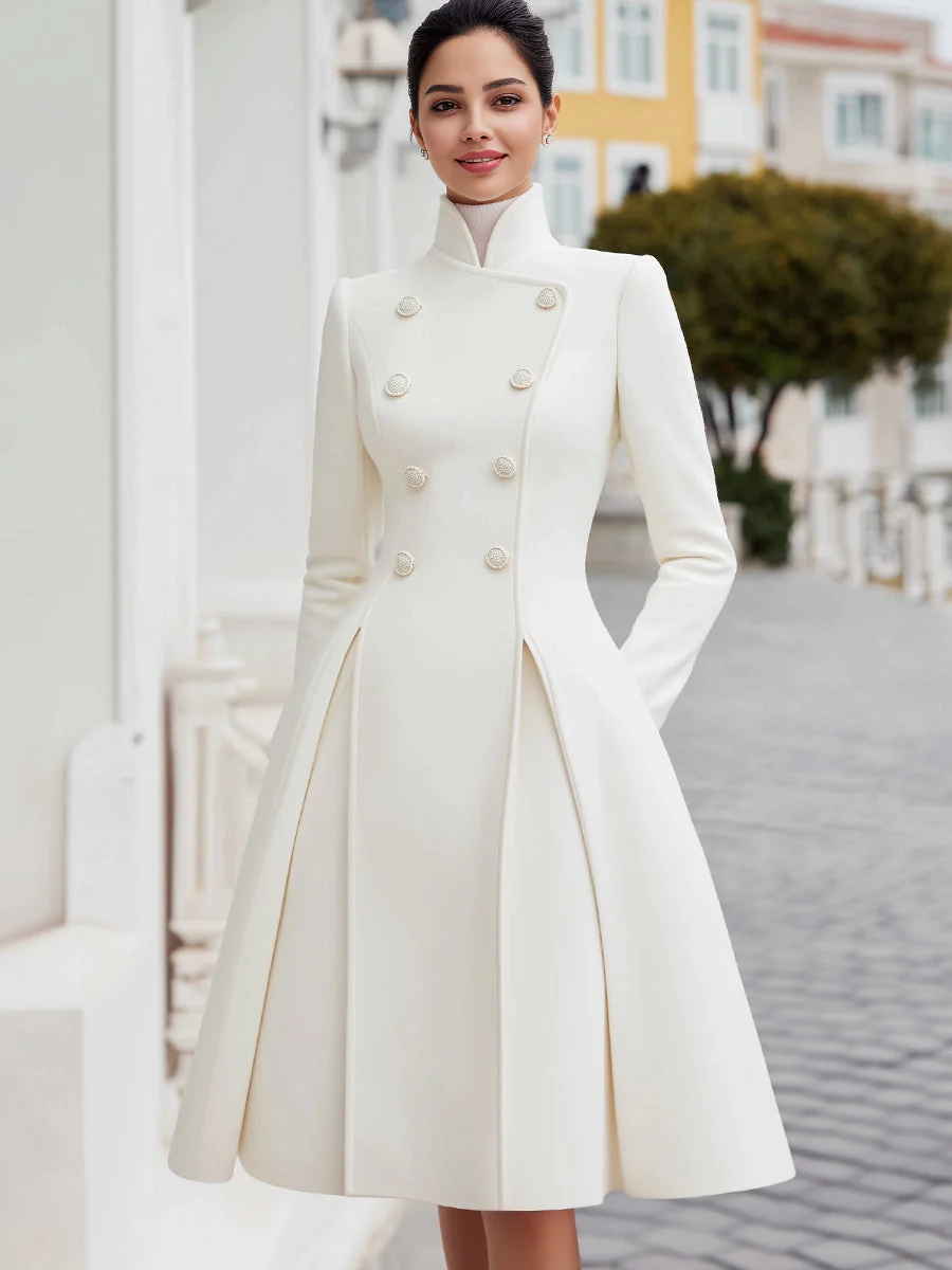 Elegant Double-Breasted Flared A-Line Coat Dress - Image 2