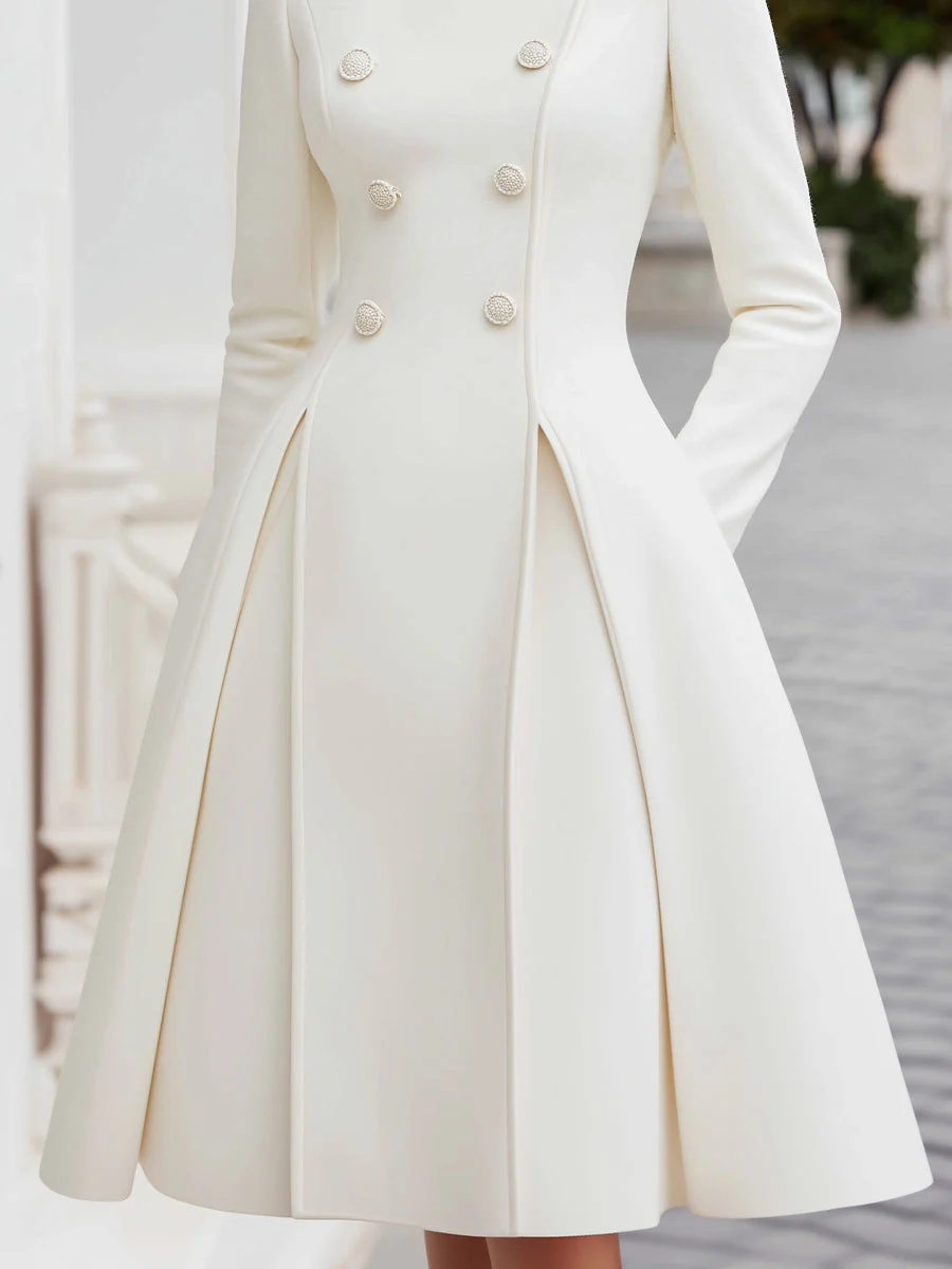 Elegant Double-Breasted Flared A-Line Coat Dress - Image 4