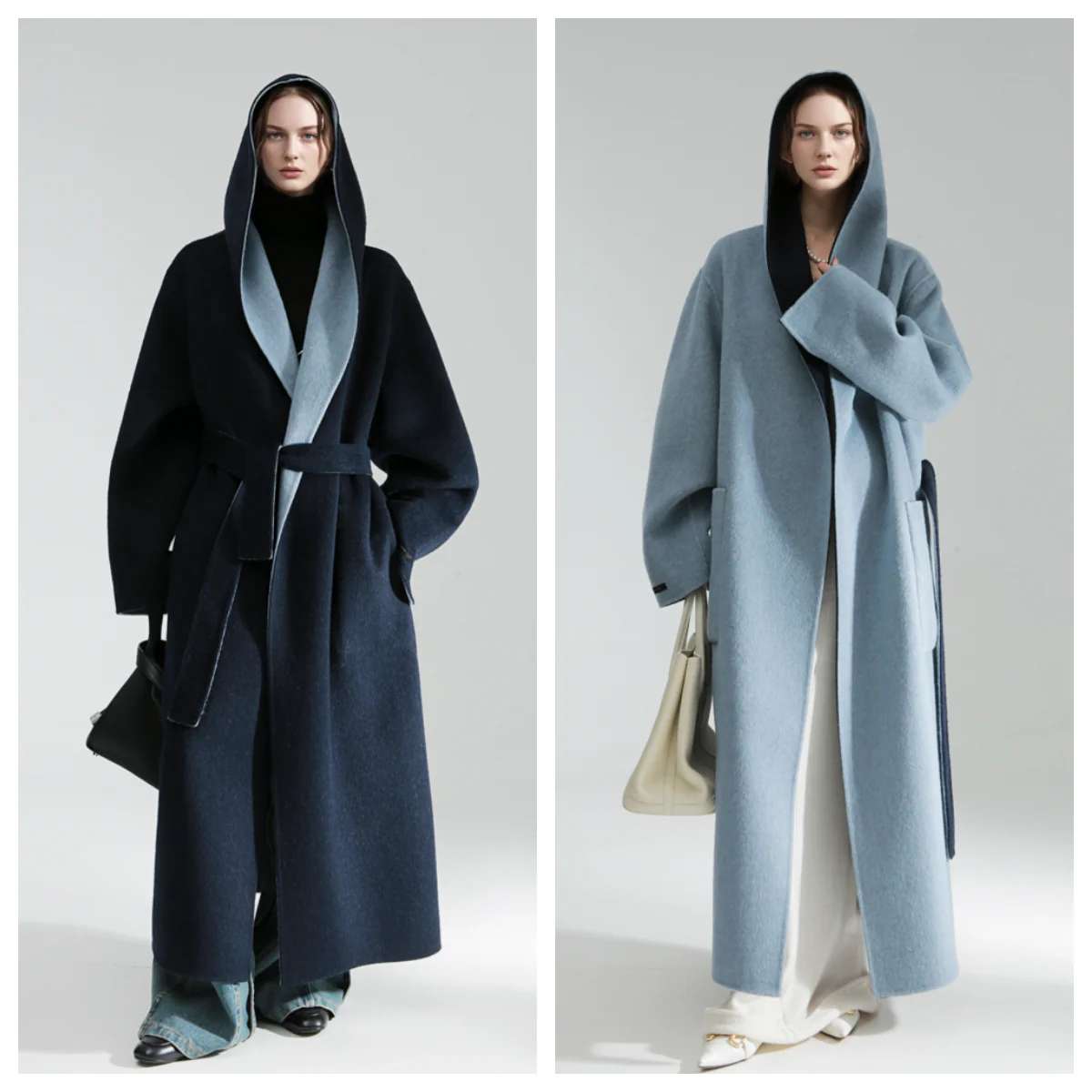 Elegant Double-Faced Tencel Wool Cape Coat for Women – Luxury Hooded Two-Tone Winter Outerwear - Image 4