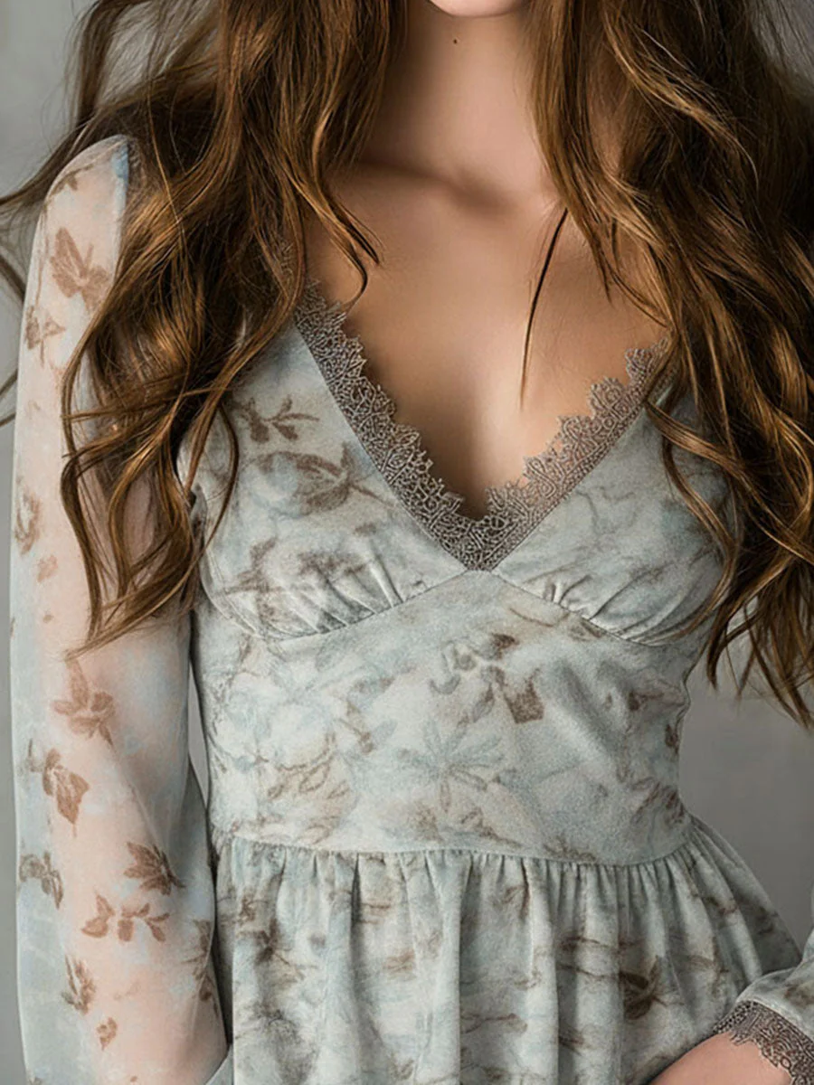 Elegant Dusty Blue Floral Lace-Trim Peplum Blouse With Sheer Sleeve - Image 2