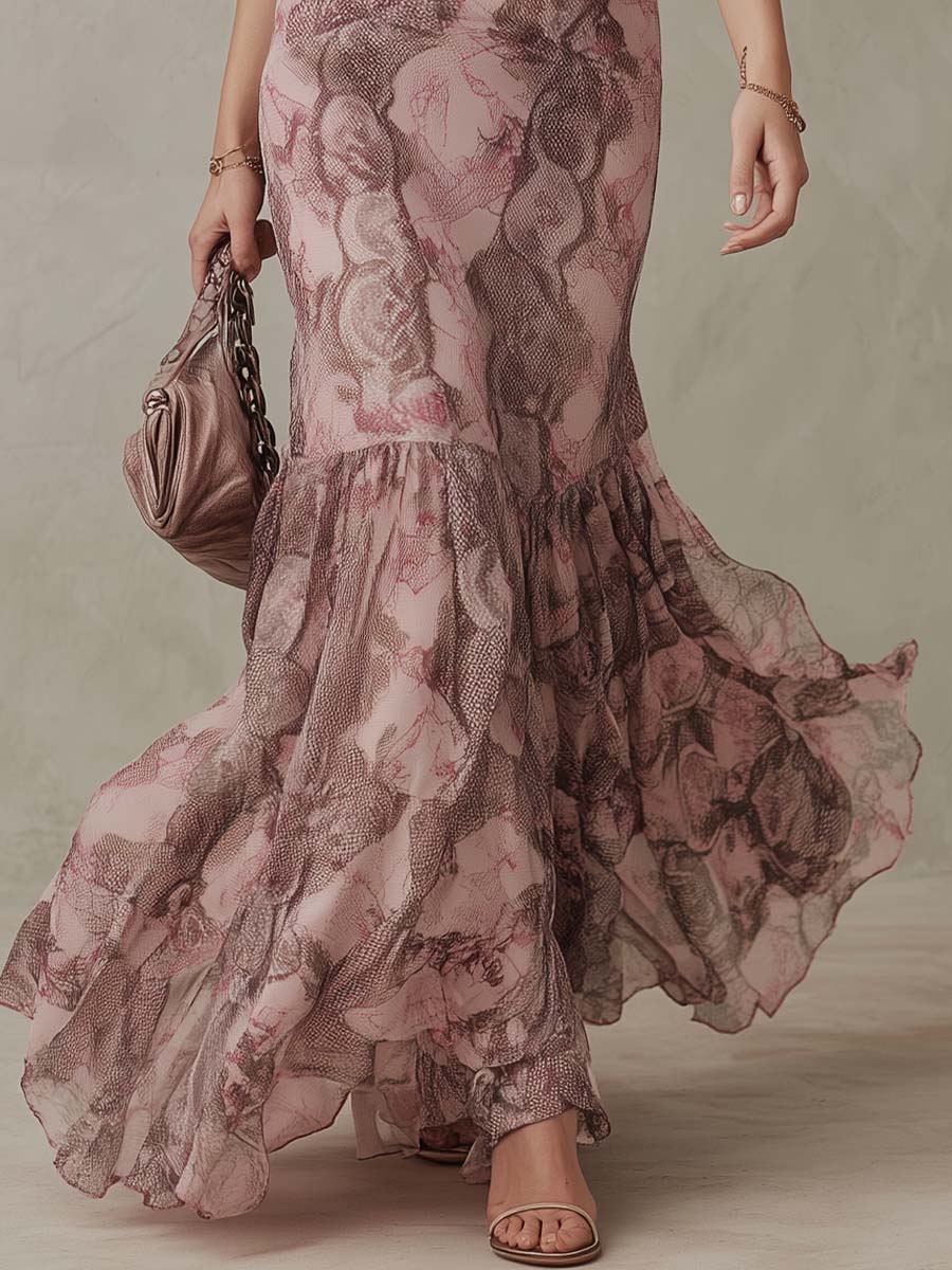 Elegant Dusty Rose Floral Chiffon Maxi Dress - Image 3