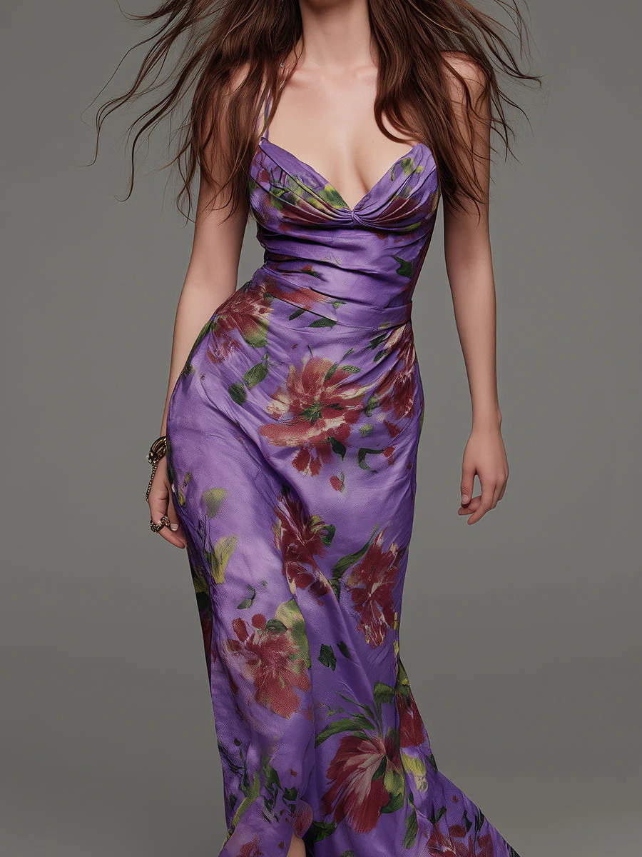 Elegant Floral Print Satin Slim-fit Spaghetti Strap Maxi Dress - Image 2
