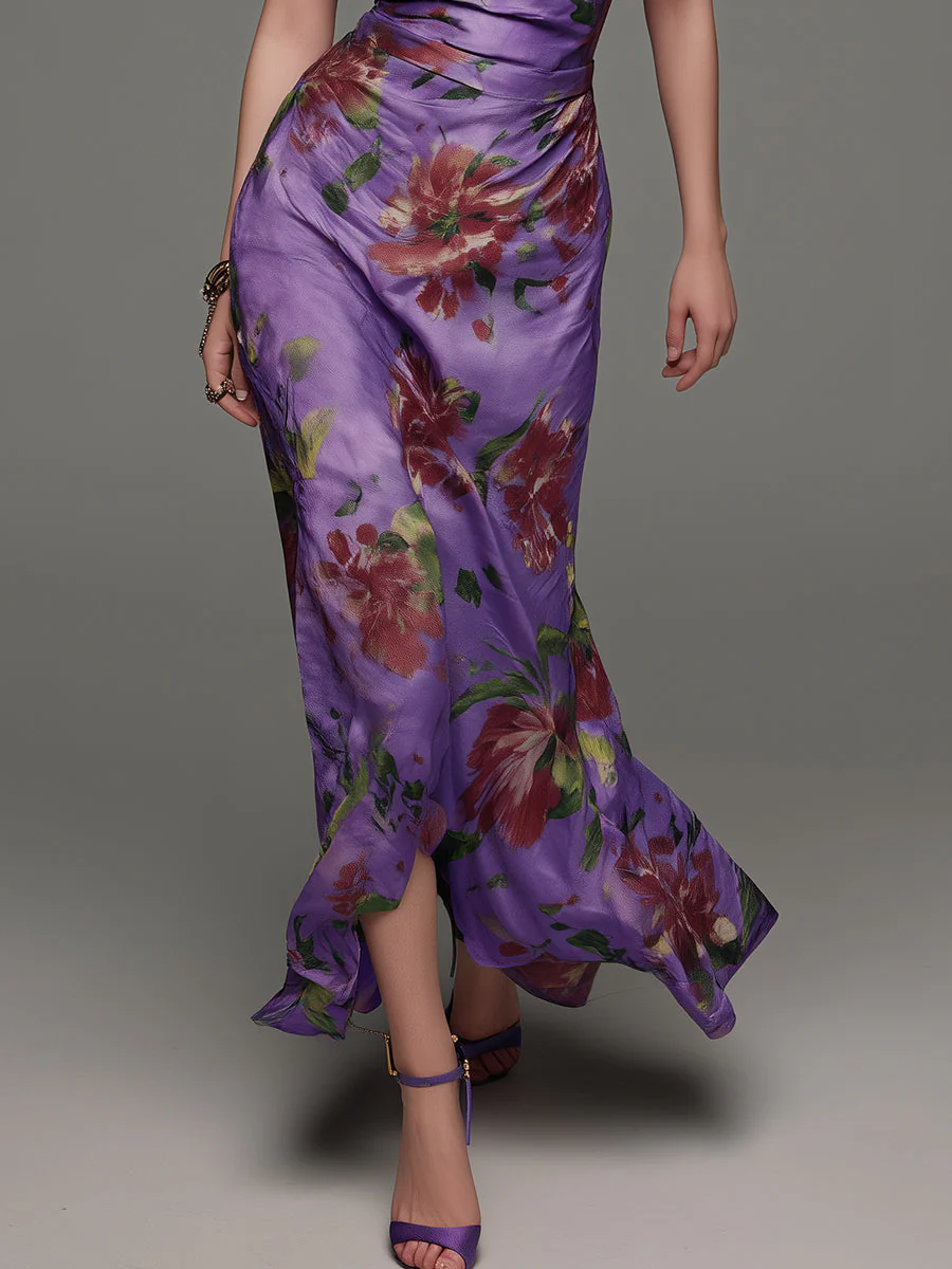Elegant Floral Print Satin Slim-fit Spaghetti Strap Maxi Dress - Image 3