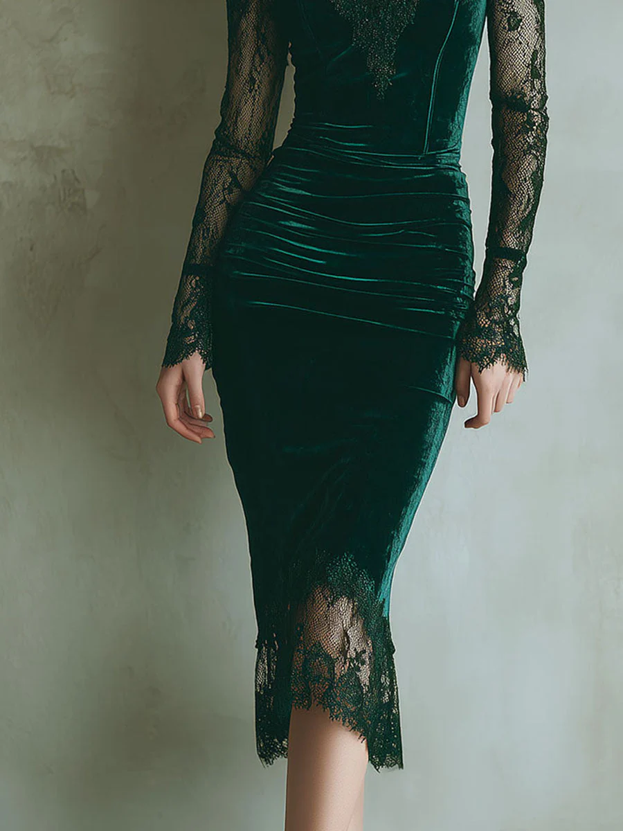 Elegant Green Velvet Long Sleeve Lace Midi Dress - Image 3