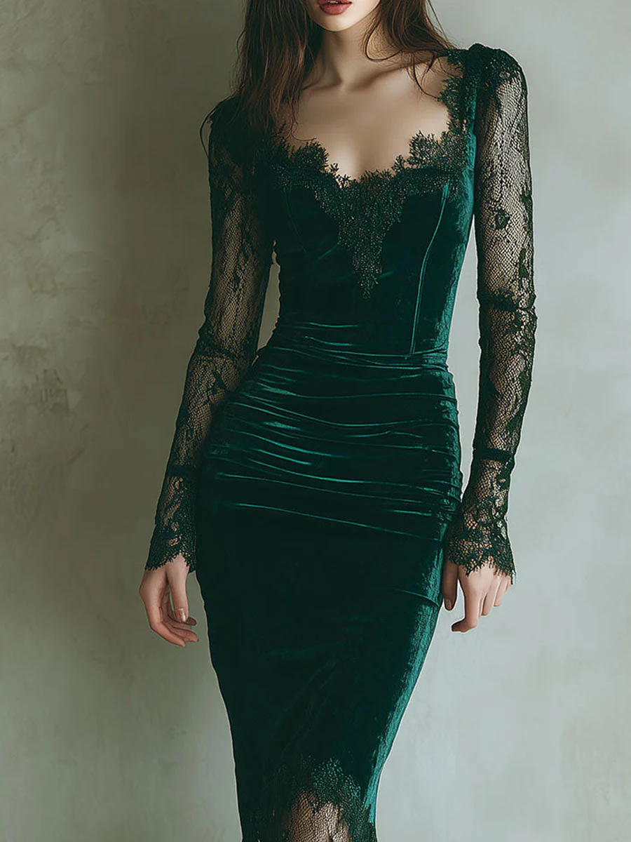 Elegant Green Velvet Long Sleeve Lace Midi Dress - Image 4