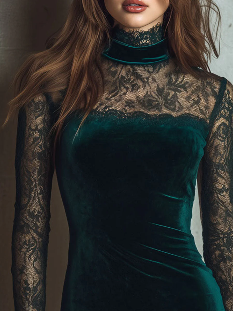 Elegant High-Neck Emerald Green Velvet Lace Mini Dress - Image 2