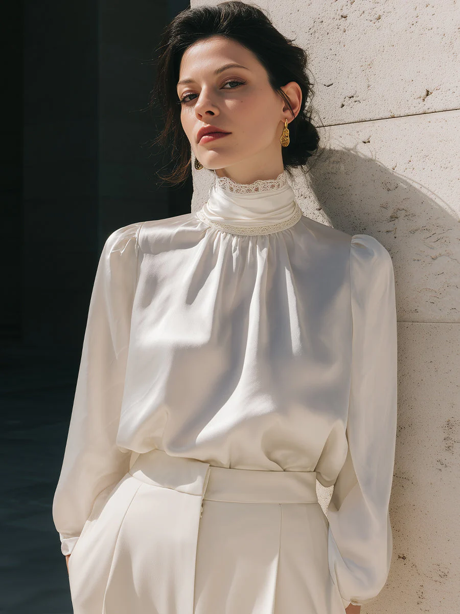 Elegant High-Neck Satin Blouse with Lace Trim - Image 2