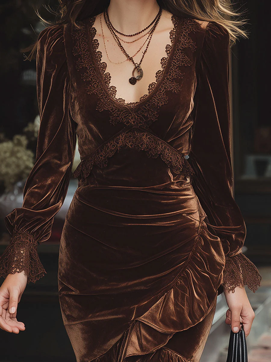 Elegant Irregular Ruffled Hem Polyester Velvet Lace Midi Dress - Image 2