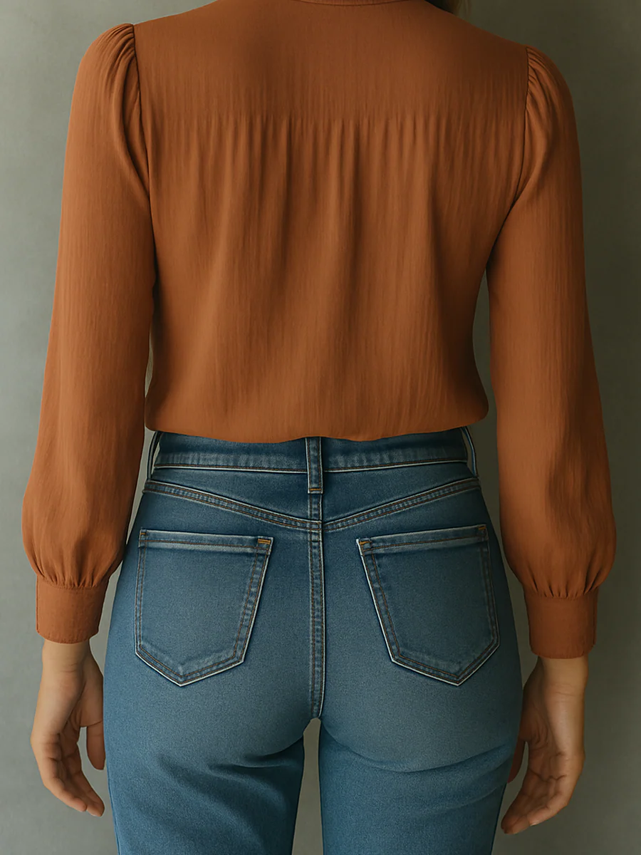 Elegant Keyhole Lace-Accent Blouse in Warm Cinnamon - Image 2